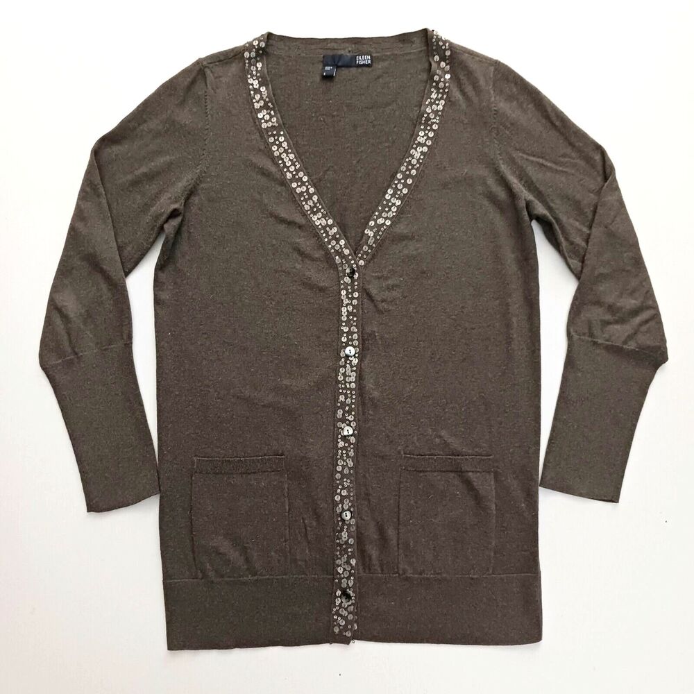 Eileen Fisher Cardigan Brown Lightweight Cashmere Cotton Blend Sequin Trim Sz S